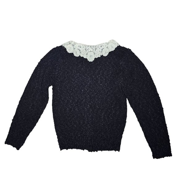 Vintage Crystal Sportswear Ltd Black Cardigan With Lace Collar Size S - Picture 2 of 6